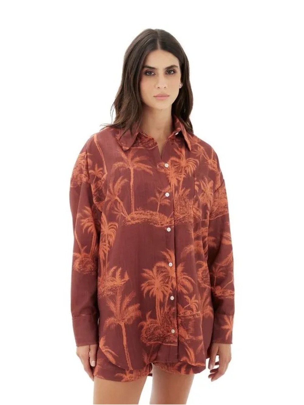 Mercedes Campuzano- Tropical Print Button-Up Shirt in Rust Orange